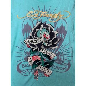 Ed Hardy Shirt Mens Large Mint Black Rose Of Death Tattoo Graphic Tee Gemstones